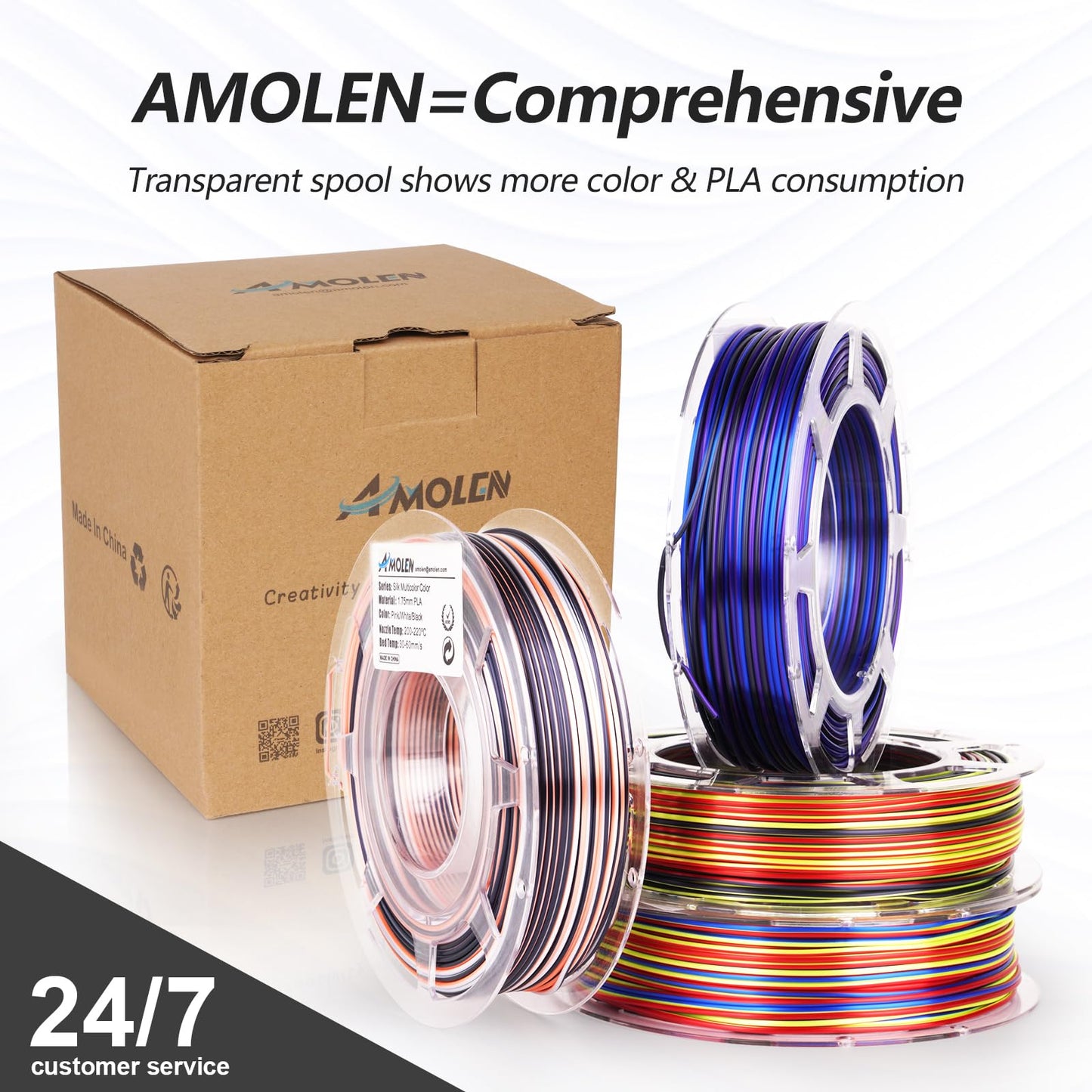 AMOLEN S-Series B Silk PLA spool detail — spiral multicolor gradient, Black Pink White sequence