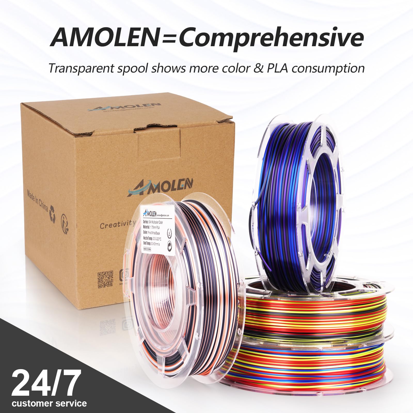 AMOLEN S-Series B Silk PLA spool detail — spiral multicolor gradient, Black Pink White sequence