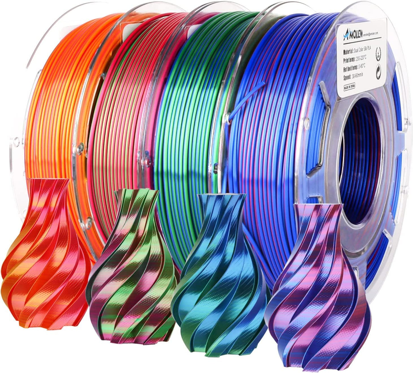 Silk dual color PLA variety pack — pack colorway spool display