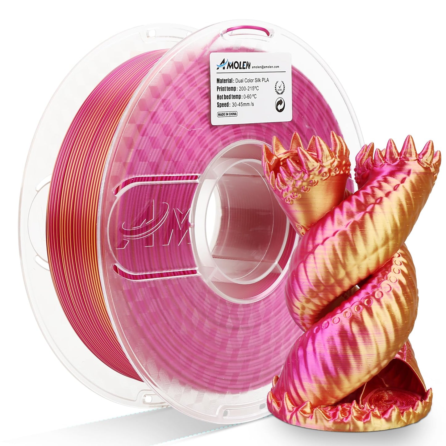 AMOLEN Dual Color Silk PLA — Gold Fuchsia colorway spool shot