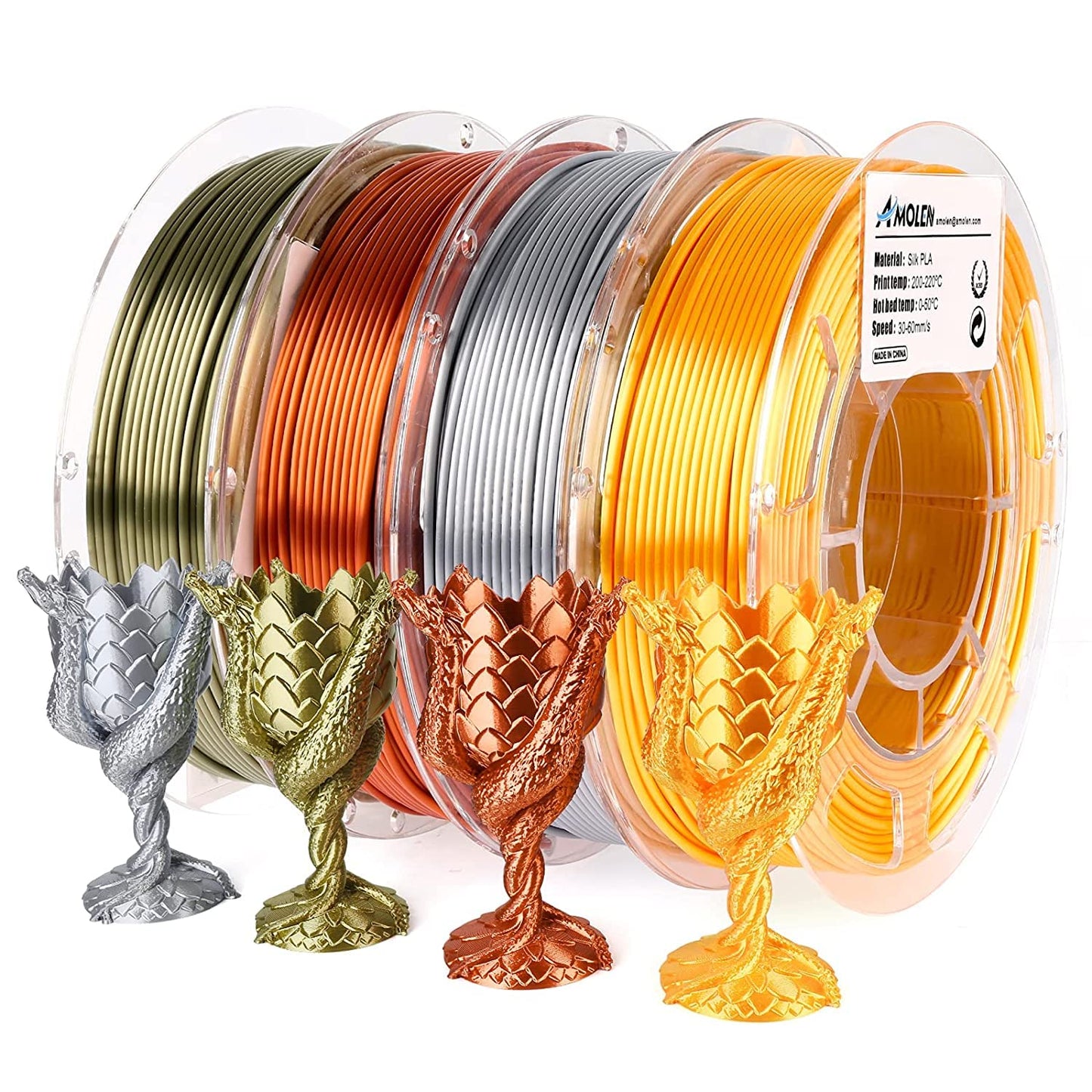 Silk PLA variety pack — four 200g metallic spools, pack colorway display