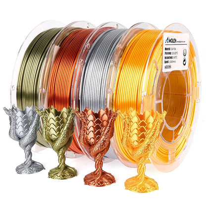 Silk PLA variety pack — four 200g metallic spools, pack colorway display