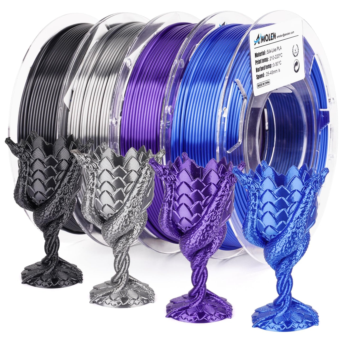Silk D variety pack — Black, Sapphire Blue, Purple, Silver Grey 200g spools