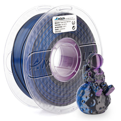 Black Blue Purple 1KG triple color silk PLA filament spool — deep black, blue, and purple rotating strand
