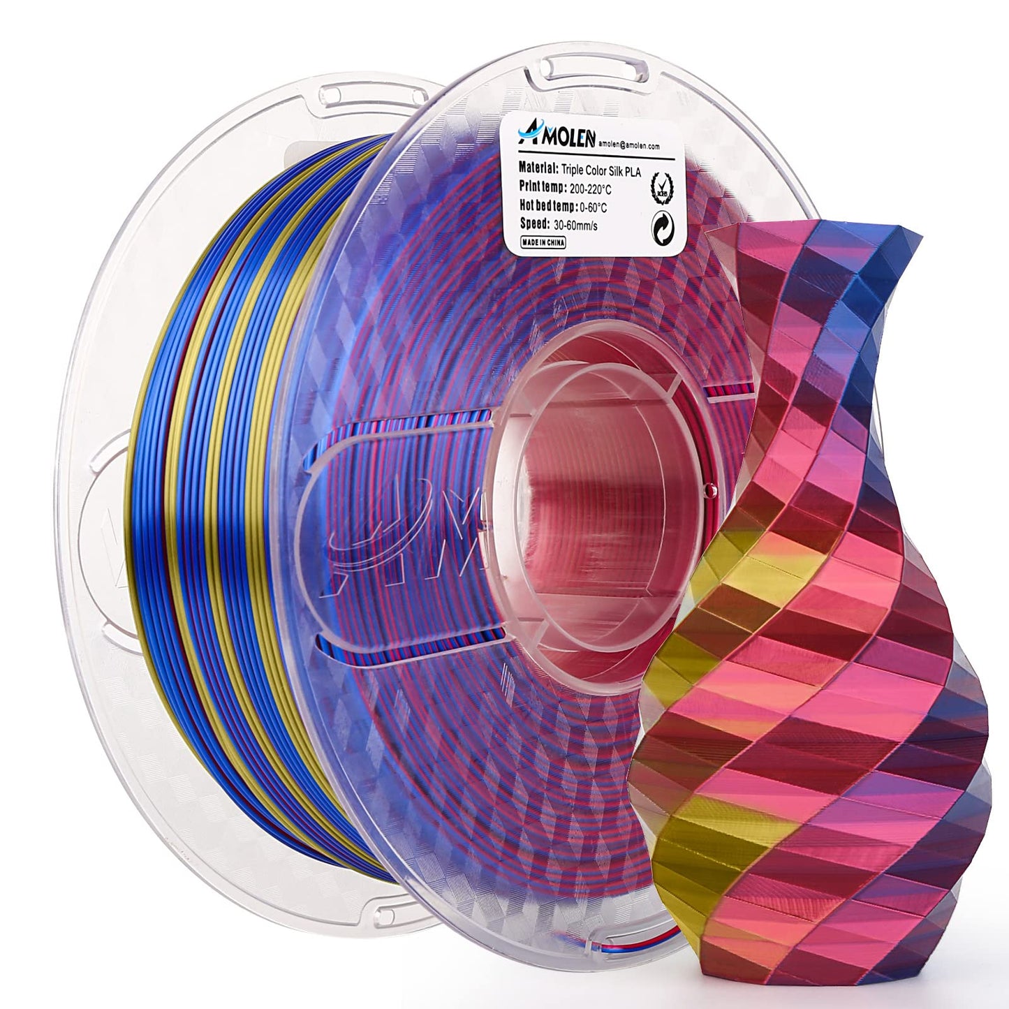 Red Yellow Blue 1KG triple color silk PLA filament spool — warm red, yellow, and blue three-color blend