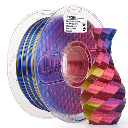 Red Yellow Blue 1KG triple color silk PLA filament spool — warm red, yellow, and blue three-color blend