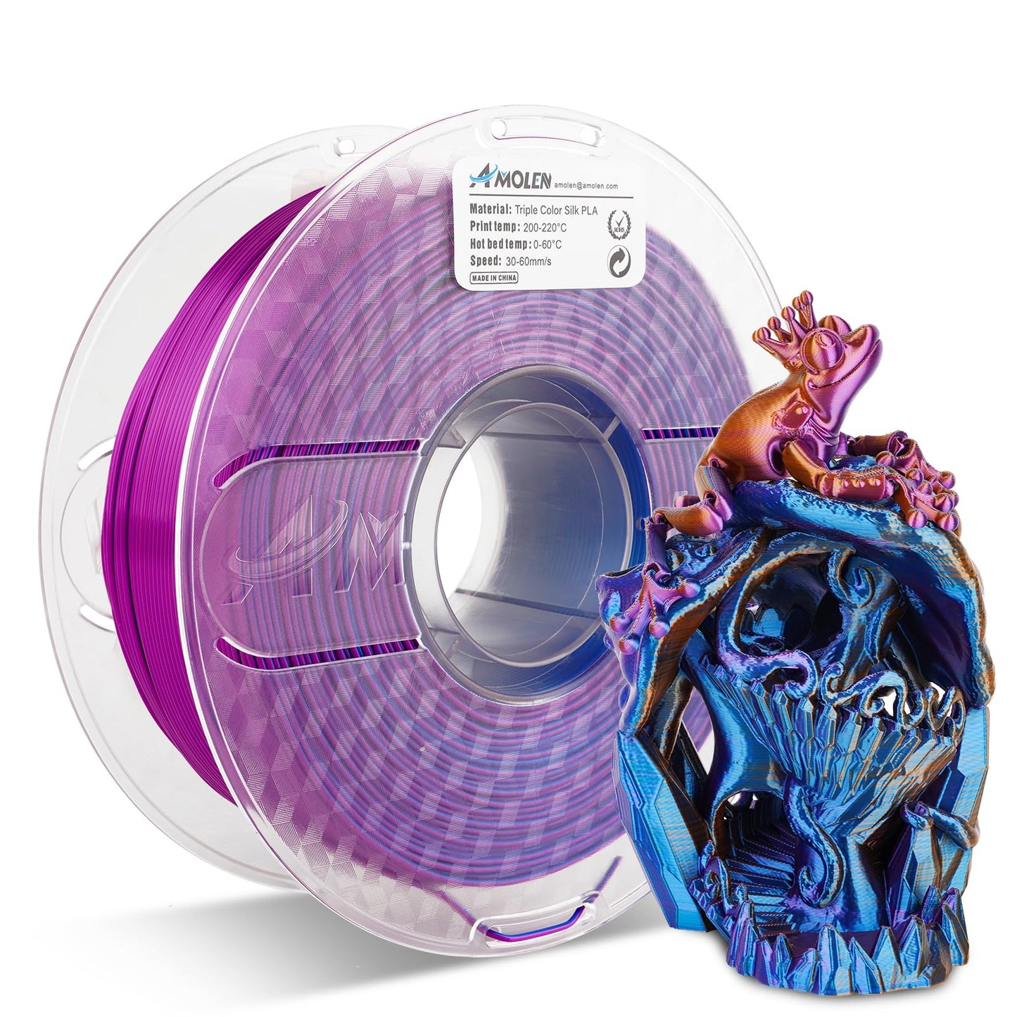 Blue Purple Orange triple color silk PLA filament spool — three-color rotating strand, silk gloss finish