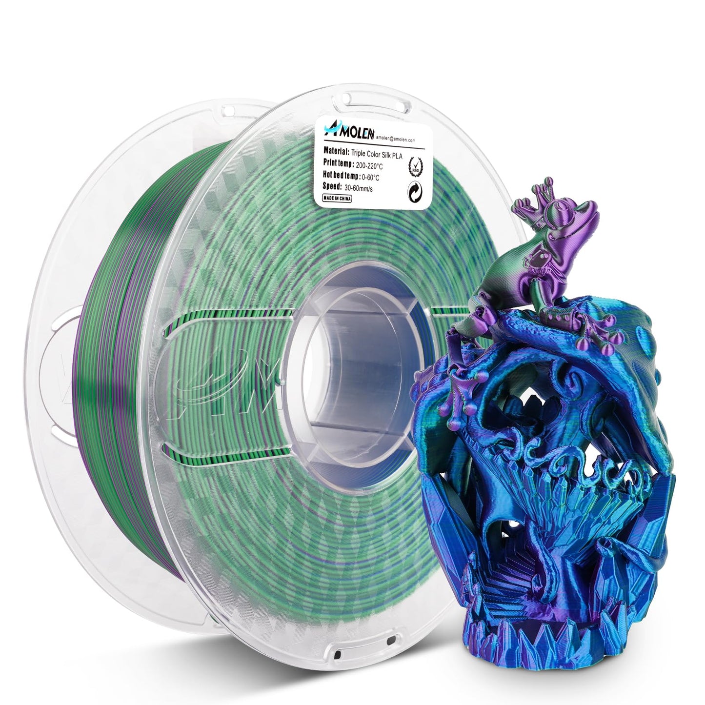 Blue Green Purple 1KG triple color silk PLA filament spool — blue, green, and violet rotating strand