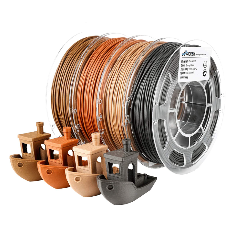 AMOLEN Wood PLA filament spec overview — 15% real wood fiber, print settings infographic