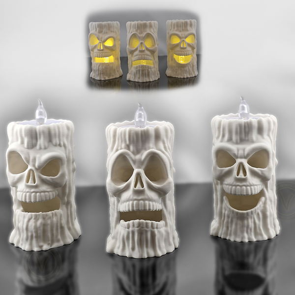 VectorDesignsArizona 3D printed skull LED candle holders shown unlit and glowing yellow, showcasing three spooky face designs for Halloween decor.