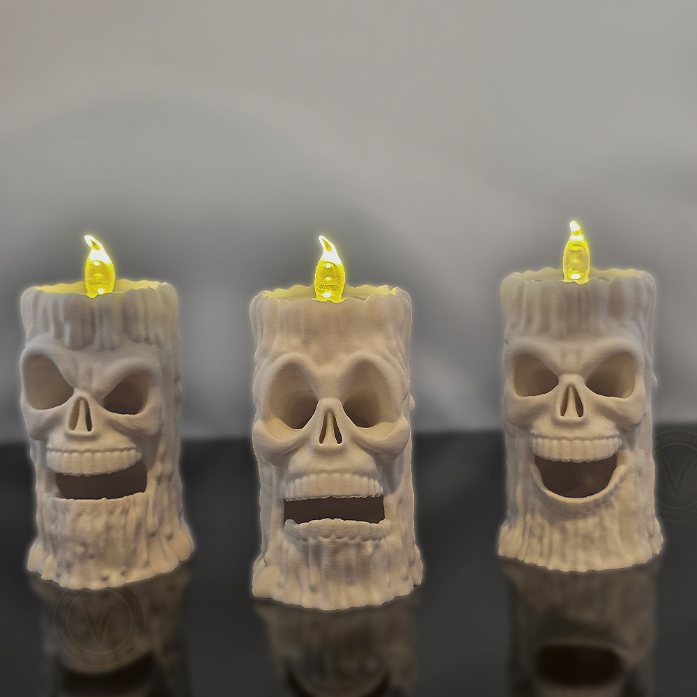 VectorDesignsArizona skull candle holders illuminated with yellow LED lights inside, creating eerie glowing eyes and mouths, perfect spooky Halloween night light.