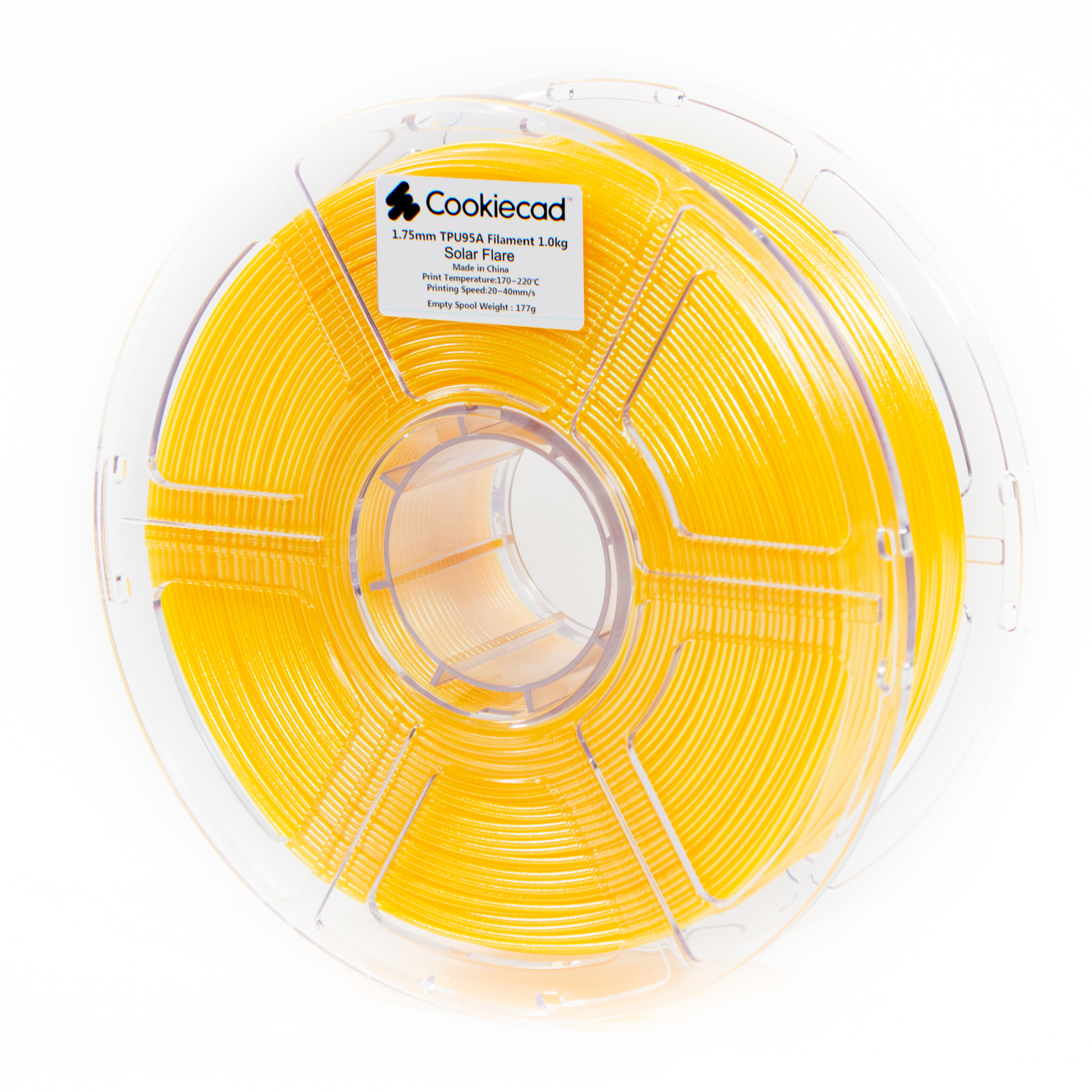 Cookiecad Solar Flare Elixir TPU filament 1.75mm 1kg – warm yellow with iridescent green shimmer, flexible spool
