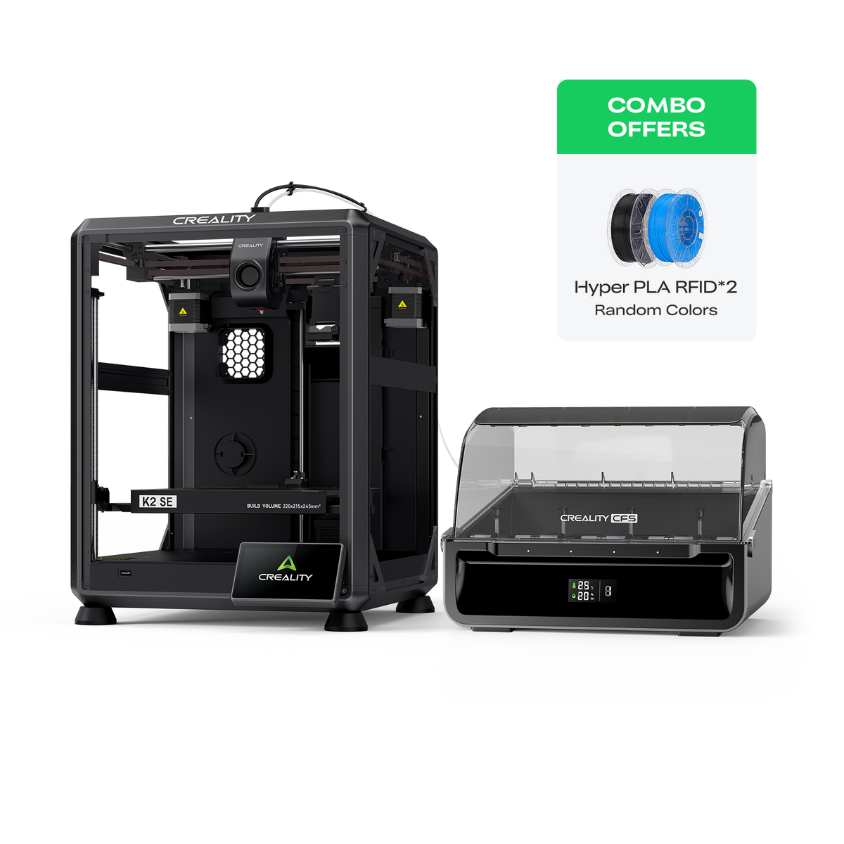 Creality K2 SE Combo US listing showing K2 SE printer with CFS and 2 included filament rolls