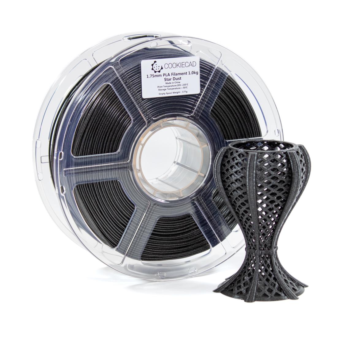 Cookiecad Star Dust Glitter Black PLA filament detail – glitter sparkle on black surface