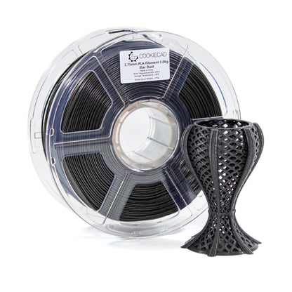 Cookiecad Star Dust Glitter Black PLA filament detail – glitter sparkle on black surface