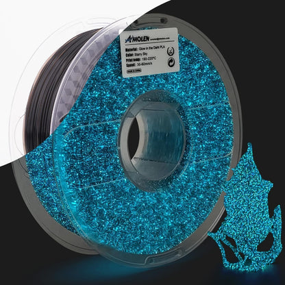 AMOLEN Glow PLA Starry Sky Blue colorway — spool and glow color
