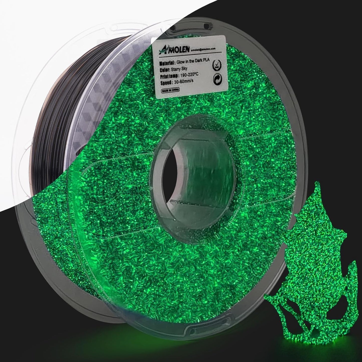 AMOLEN Glow PLA Starry Sky Green colorway — spool and glow color