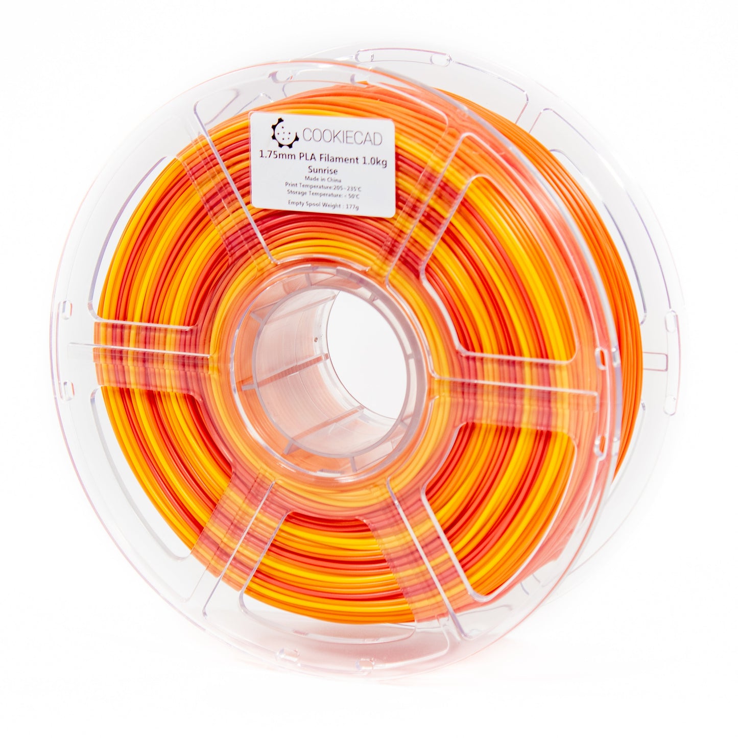 Cookiecad Sunrise PLA filament close-up – warm gradient color zones