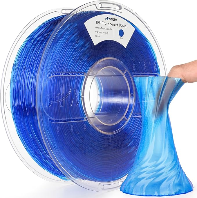 AMOLEN Transparent TPU filament — product overview showing clear-tinted colorways