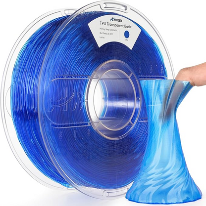 AMOLEN Transparent TPU filament — product overview showing clear-tinted colorways