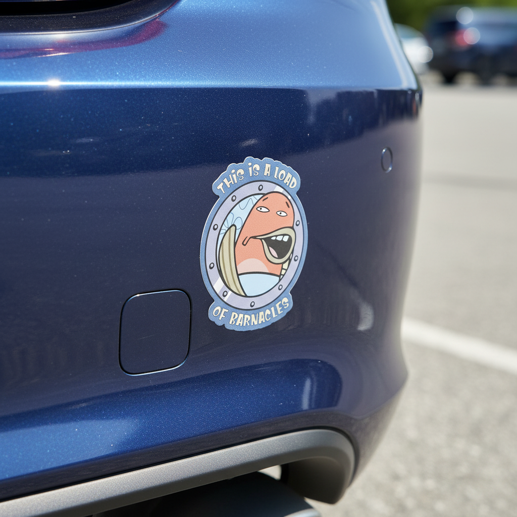 VectorDesignsArizona 3 inch “This is a load of barnacles” vinyl sticker applied to a blue car bumper in a parking lot.
