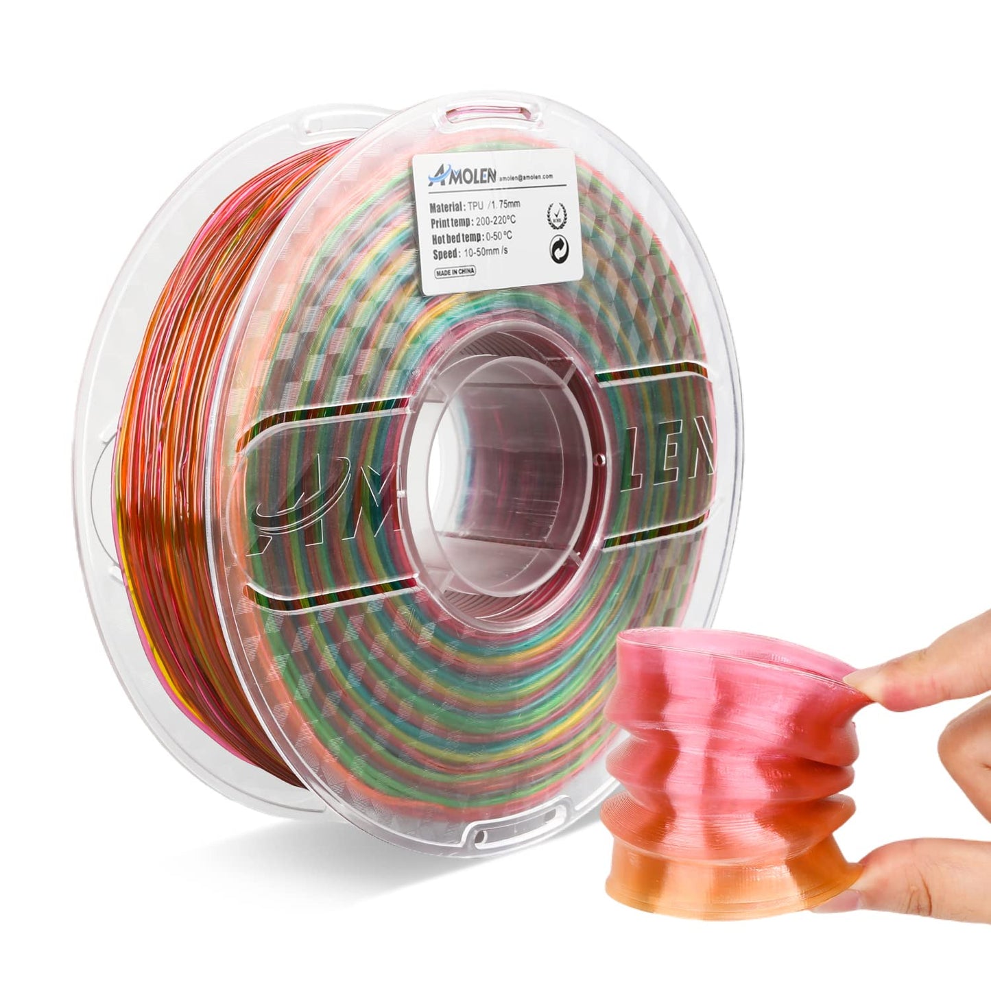 AMOLEN TPU Transparent Rainbow filament — 1KG flexible TPU spool overview