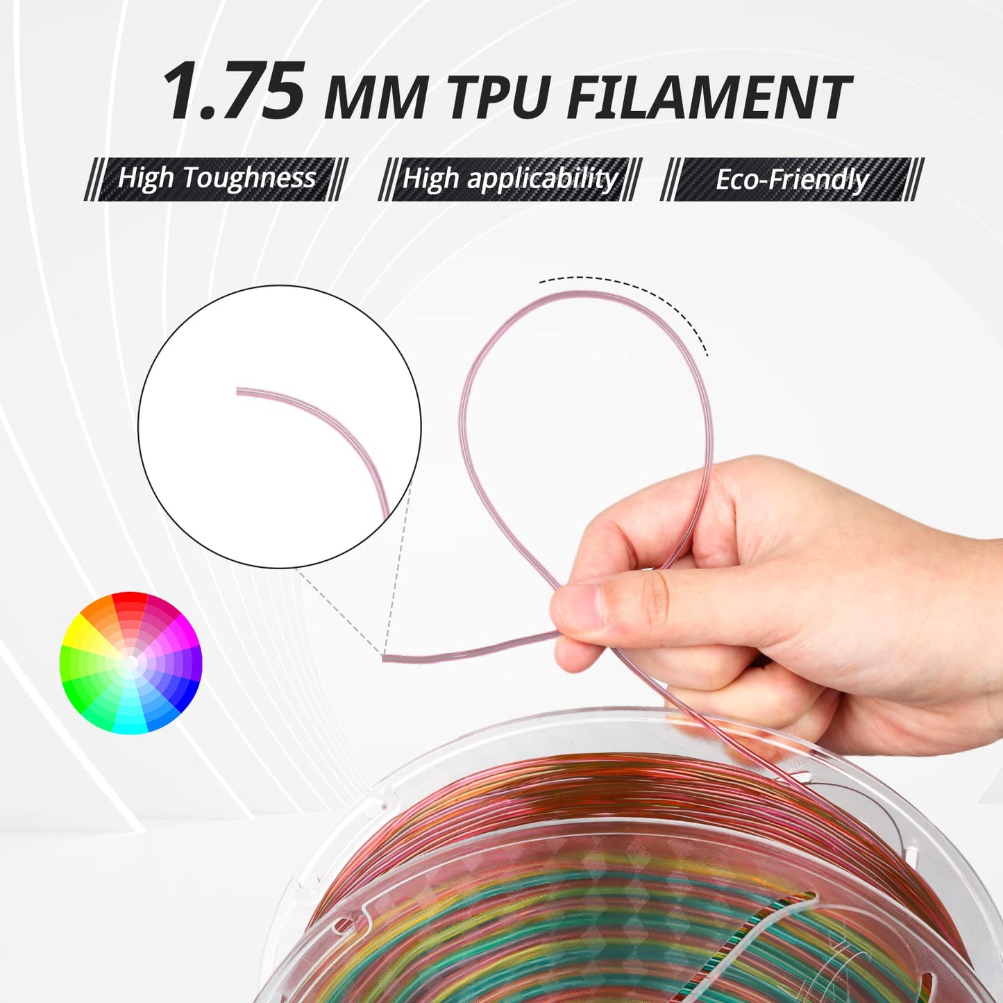 AMOLEN TPU Rainbow filament print sample — flexible part with translucent rainbow gradient
