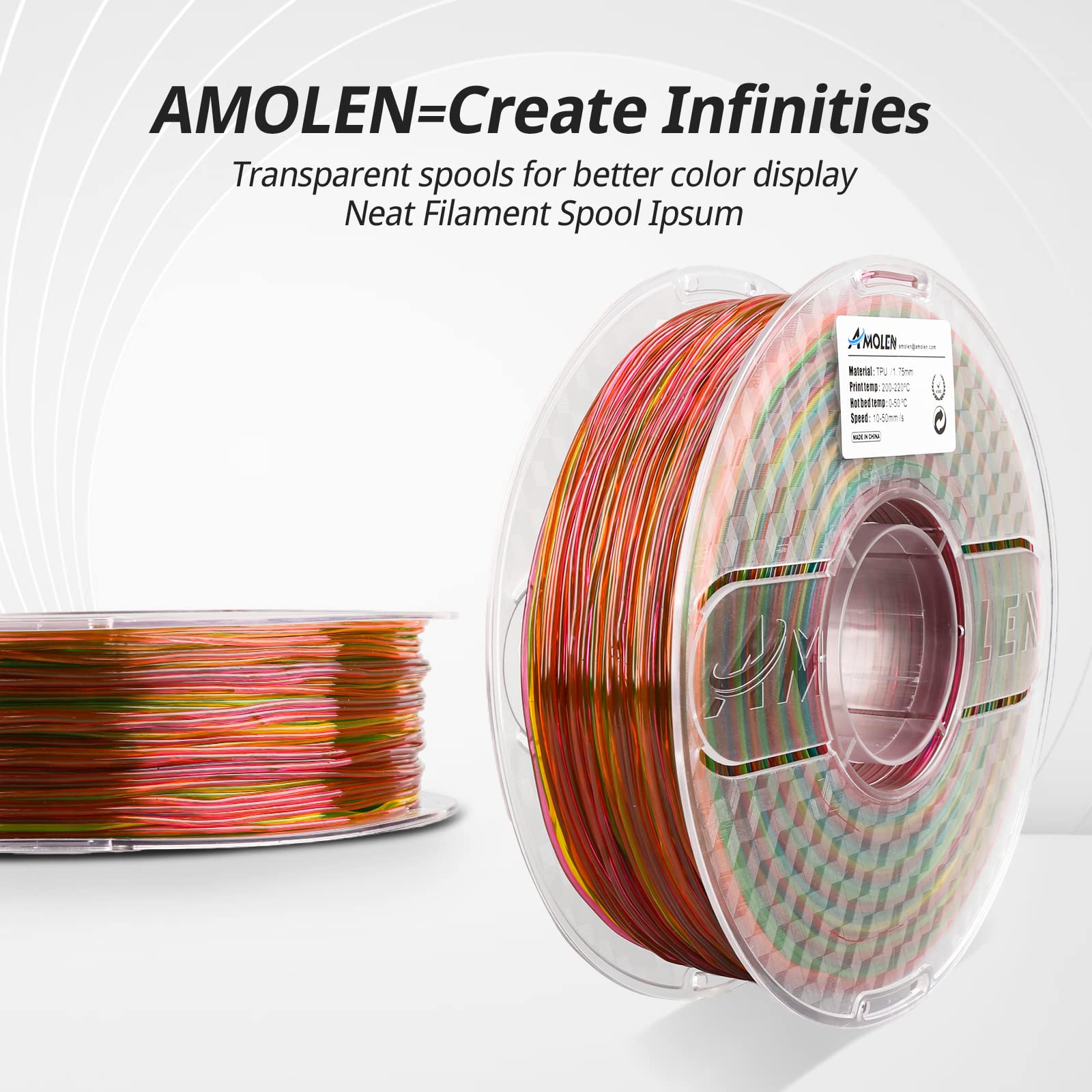 AMOLEN TPU Rainbow filament — FDM compatibility, suitable for wearables, gaskets, and flexible joints