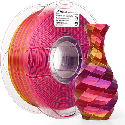 Red Gold Purple 1KG triple color silk PLA filament spool — rich red, gold, and violet three-color spiral