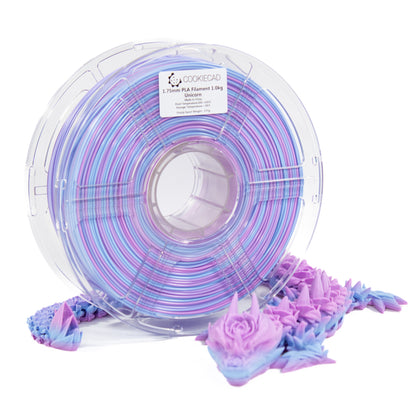 Cookiecad Unicorn PLA filament close-up – pink blue purple gradient color zones
