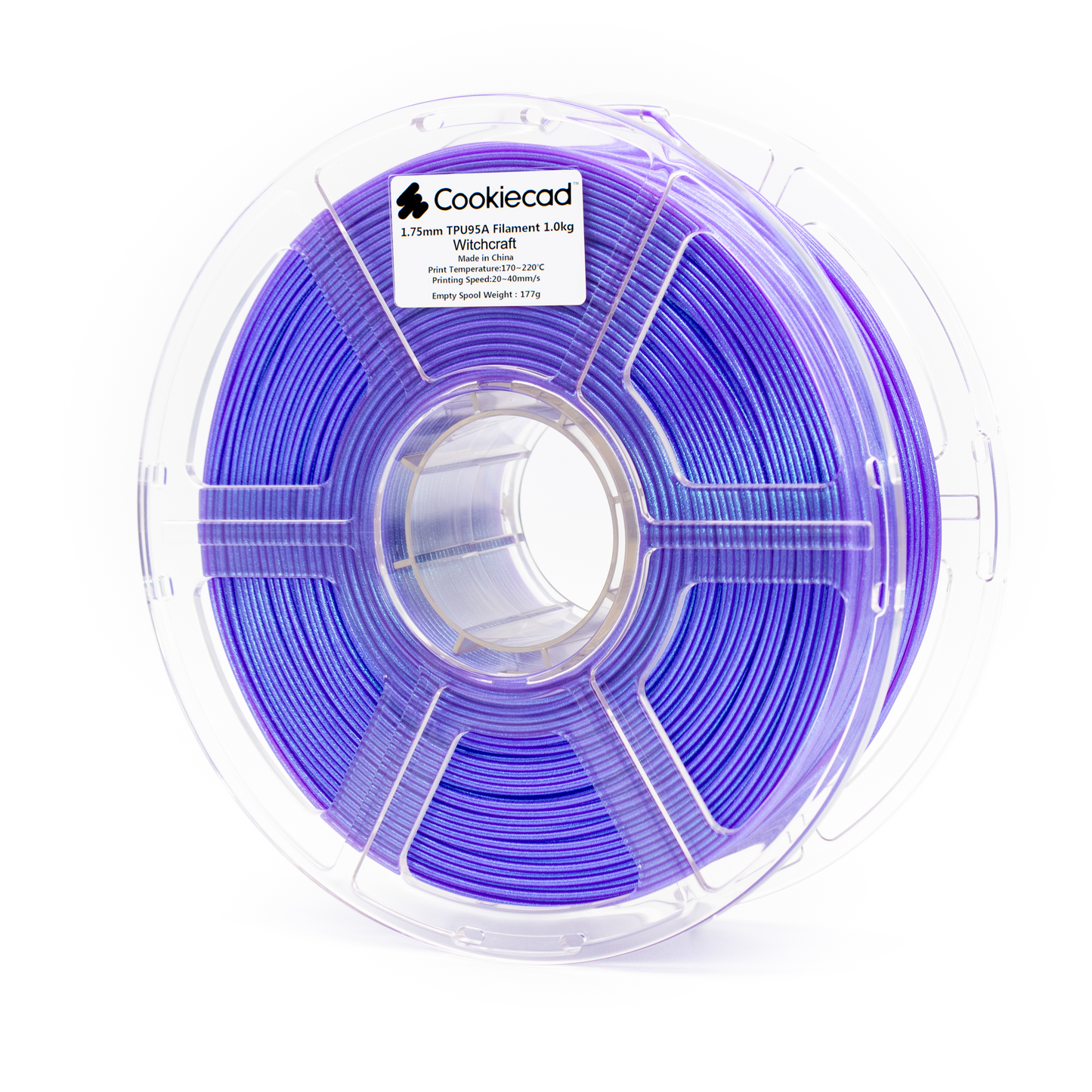 Cookiecad Witchcraft TPU 95A filament 1.75mm 1kg – purple with pearlescent mica shimmer, flexible spool