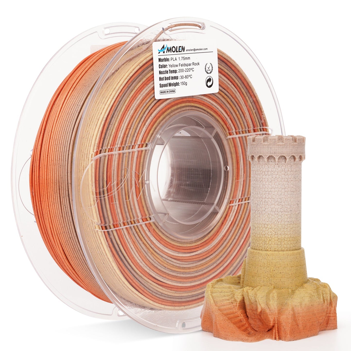 AMOLEN Yellow Feldspar Rock PLA filament 1.75mm 1KG spool – golden mineral texture