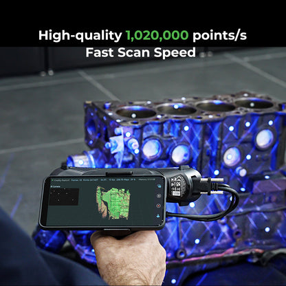 Creality RaptorX scanner head showing 34+7 blue laser lines and NIR hybrid multi-light scanning system