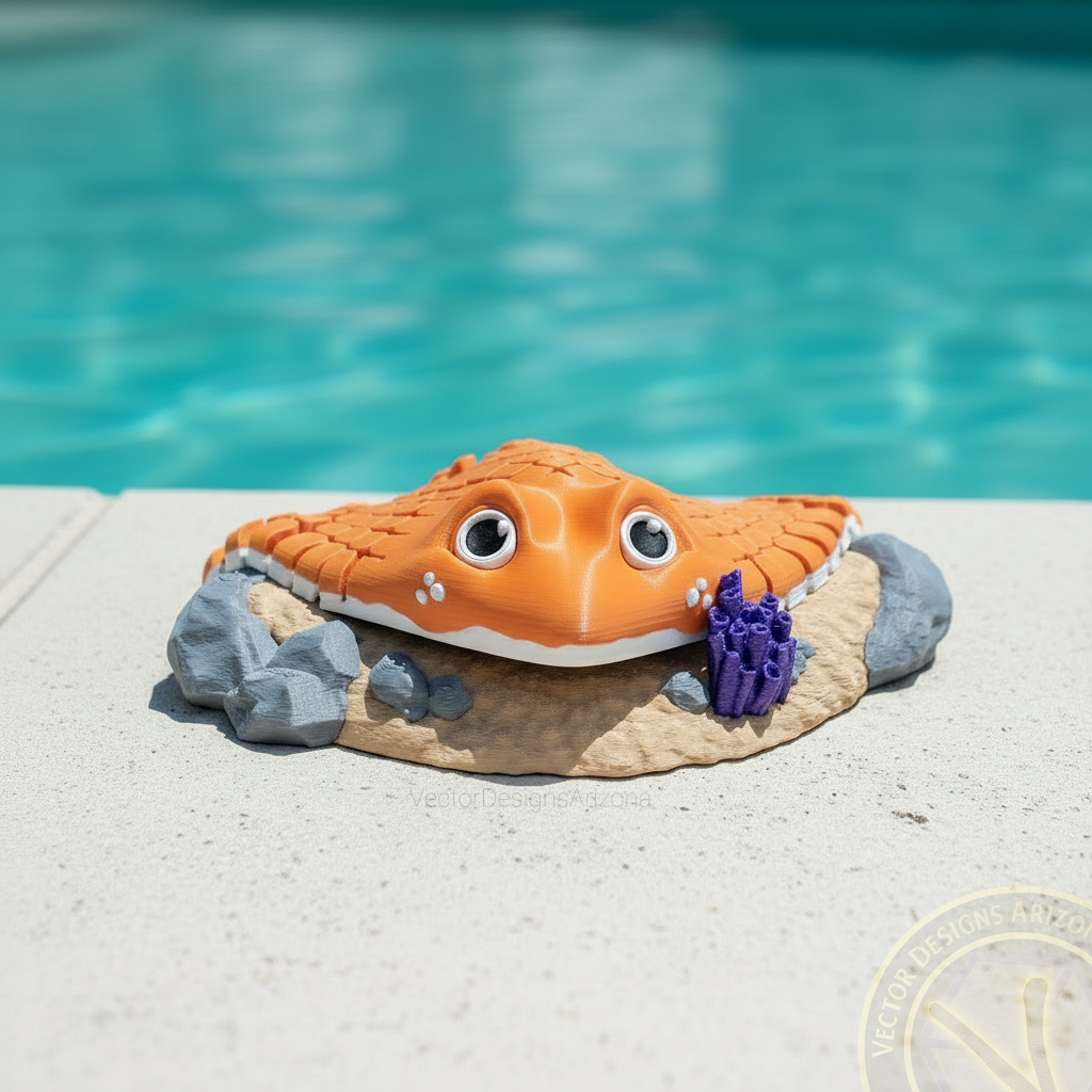 Vibrant orange 3D printed stingray toy on a display stand, contrasting against a blue swimming pool background.