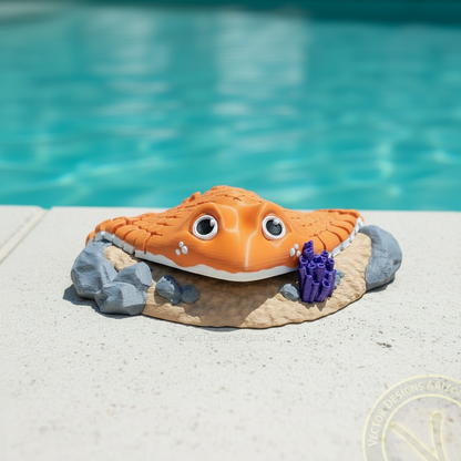 Vibrant orange 3D printed stingray toy on a display stand, contrasting against a blue swimming pool background.