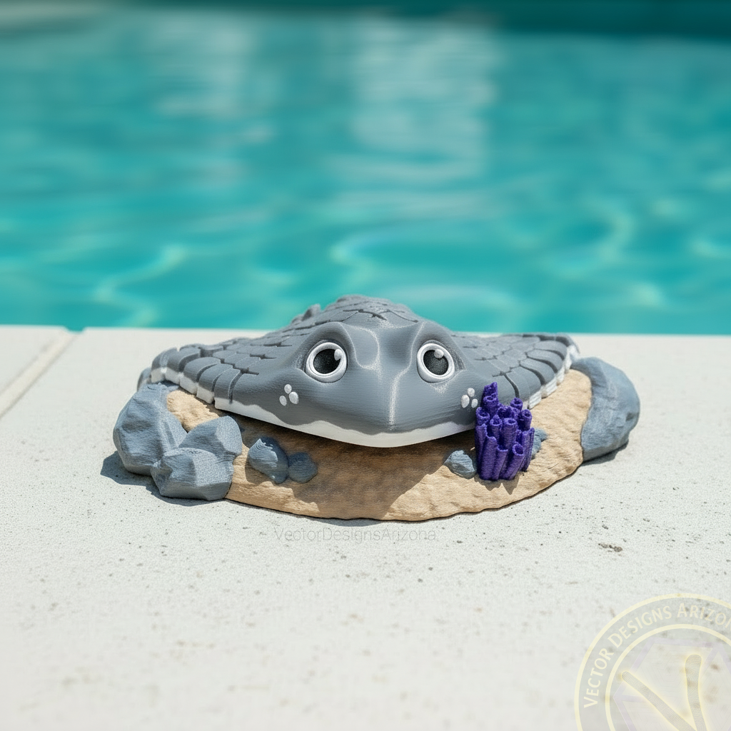 Grey 3D printed stingray toy resting on a sand display base with matching grey rocks, poolside background.