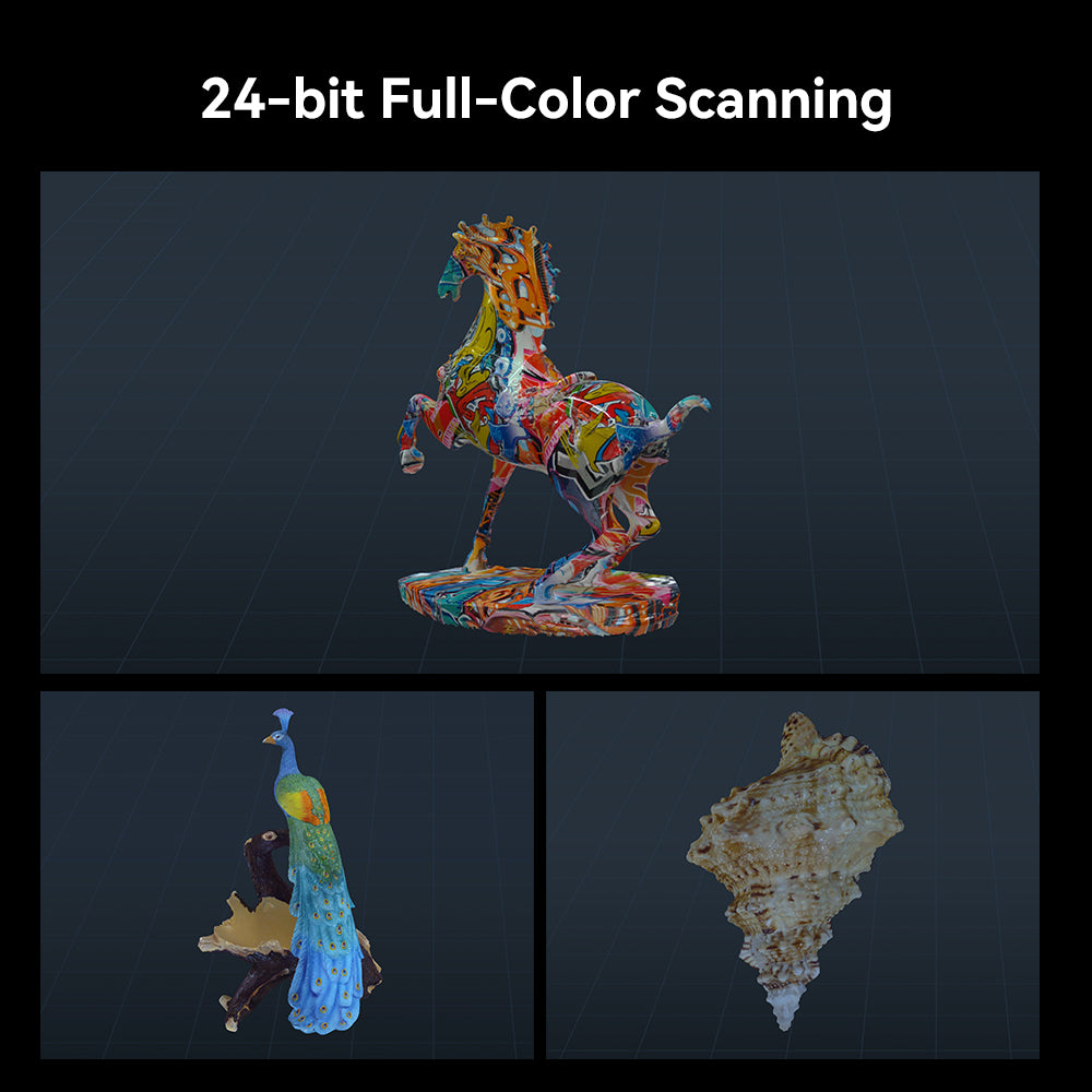 CR-Scan Raptor 24-bit full-color 3D scanning output showing detailed colorized models