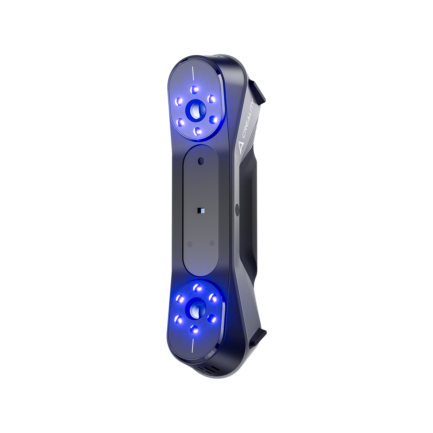 Creality CR-Scan Raptor front view with blue LED laser array and sensor layout visible
