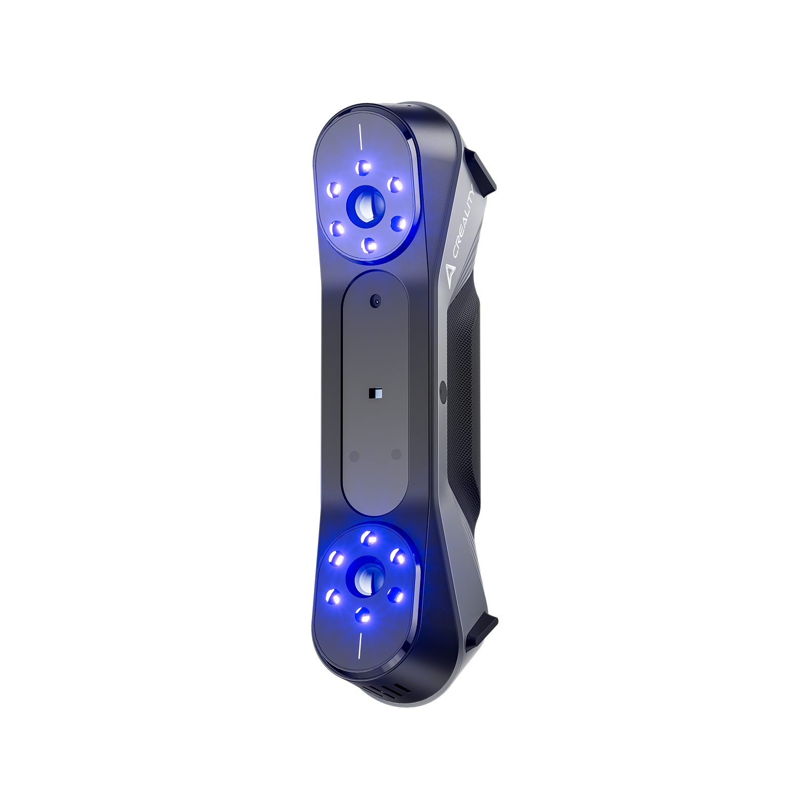 Creality CR-Scan Raptor front view with blue LED laser array and sensor layout visible