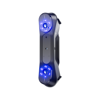 Creality CR-Scan Raptor front view with blue LED laser array and sensor layout visible