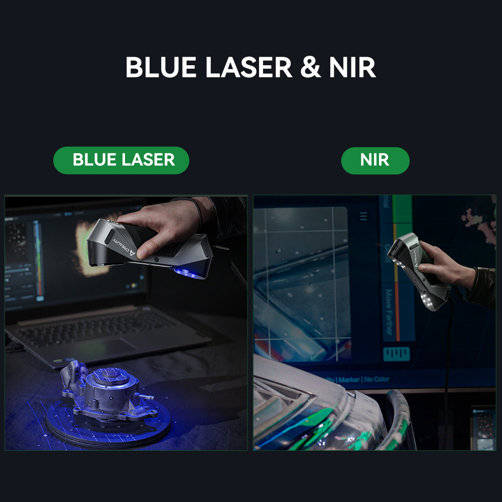 CR-Scan Raptor blue laser and NIR scanning mode comparison with real-world scanning examples