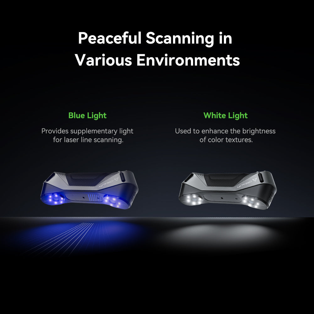 CR-Scan Raptor blue and white light modes for scanning in various lighting environments