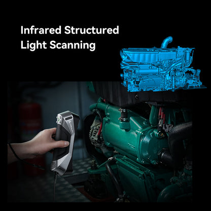 CR-Scan Raptor infrared structured light scanning mode capturing large industrial engine in 3D