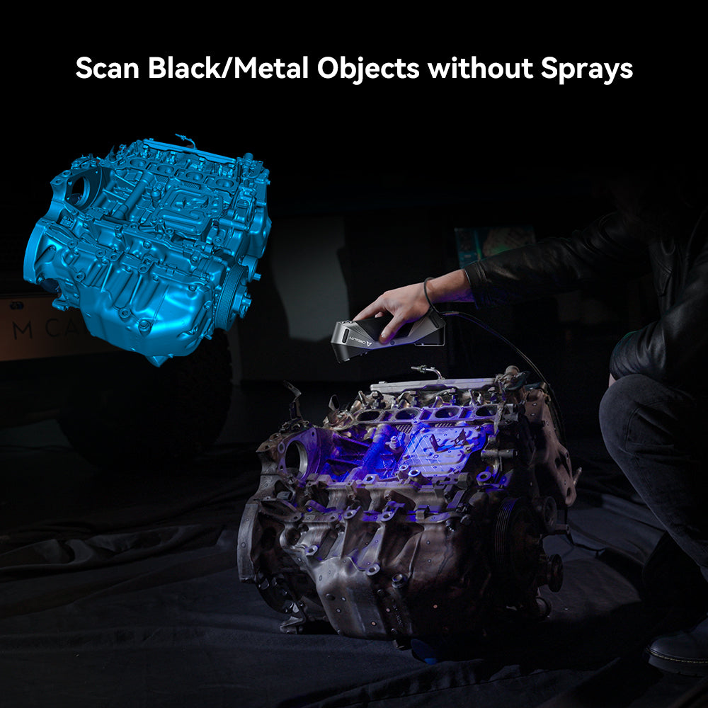 CR-Scan Raptor scanning black metal engine block without spray preparation