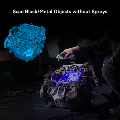 CR-Scan Raptor scanning black metal engine block without spray preparation