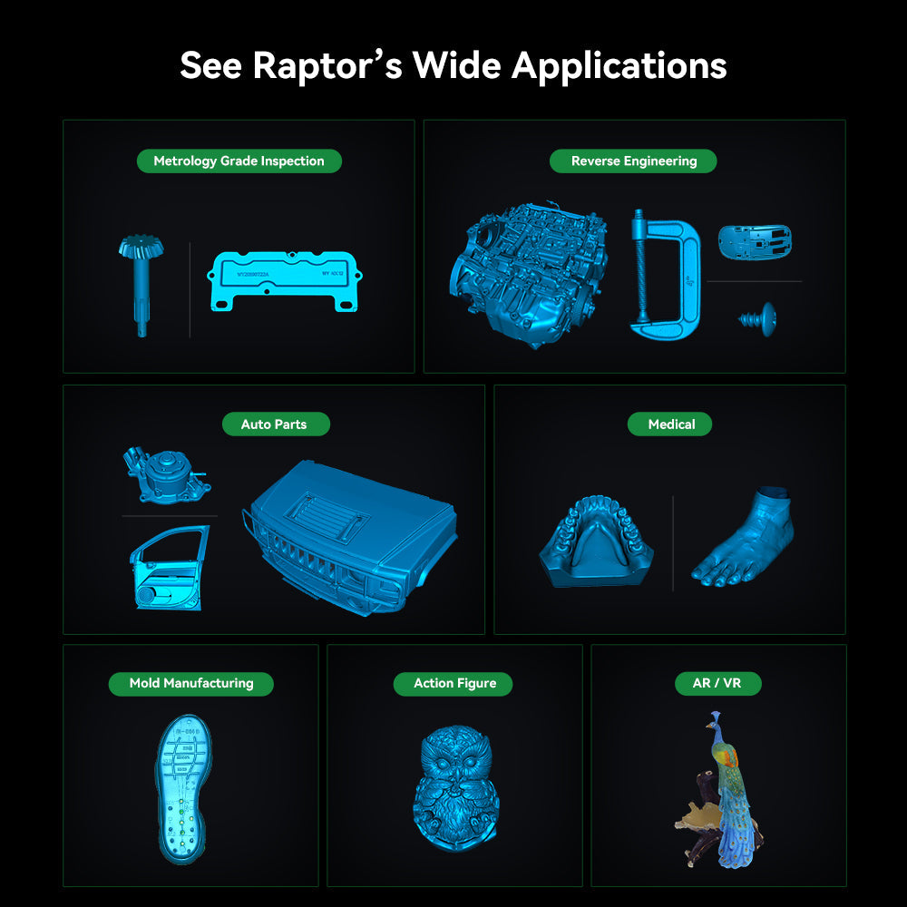 CR-Scan Raptor applications across engineering, product design, manufacturing, and maker projects
