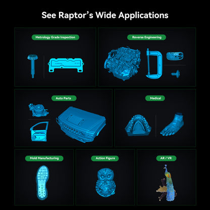 CR-Scan Raptor applications across engineering, product design, manufacturing, and maker projects