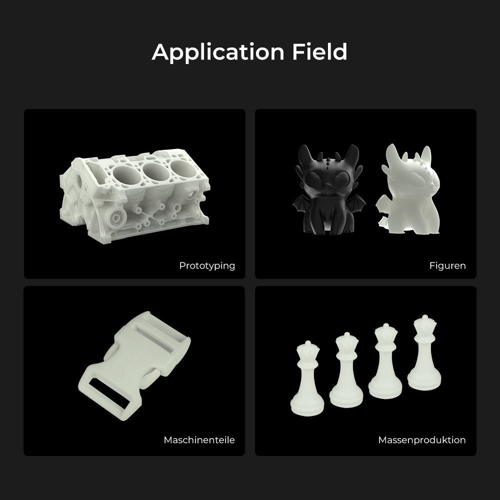 Creality Hyper Series PLA 3D printing applications showing prototypes, figurines, machine parts, and mass production models – VectorDesignsArizona