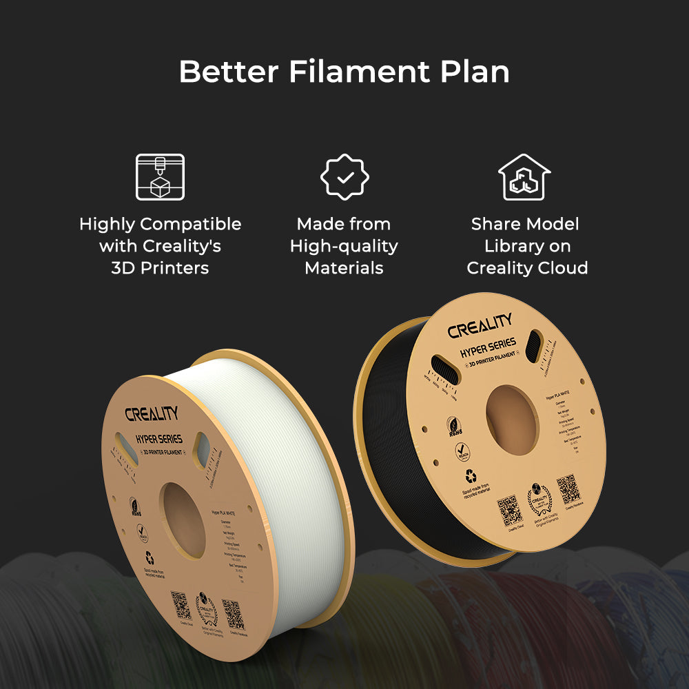 Creality Hyper Series PLA filament spools promoting the Better Filament Plan with compatibility, high-quality materials, and Creality Cloud sharing – VectorDesignsArizona