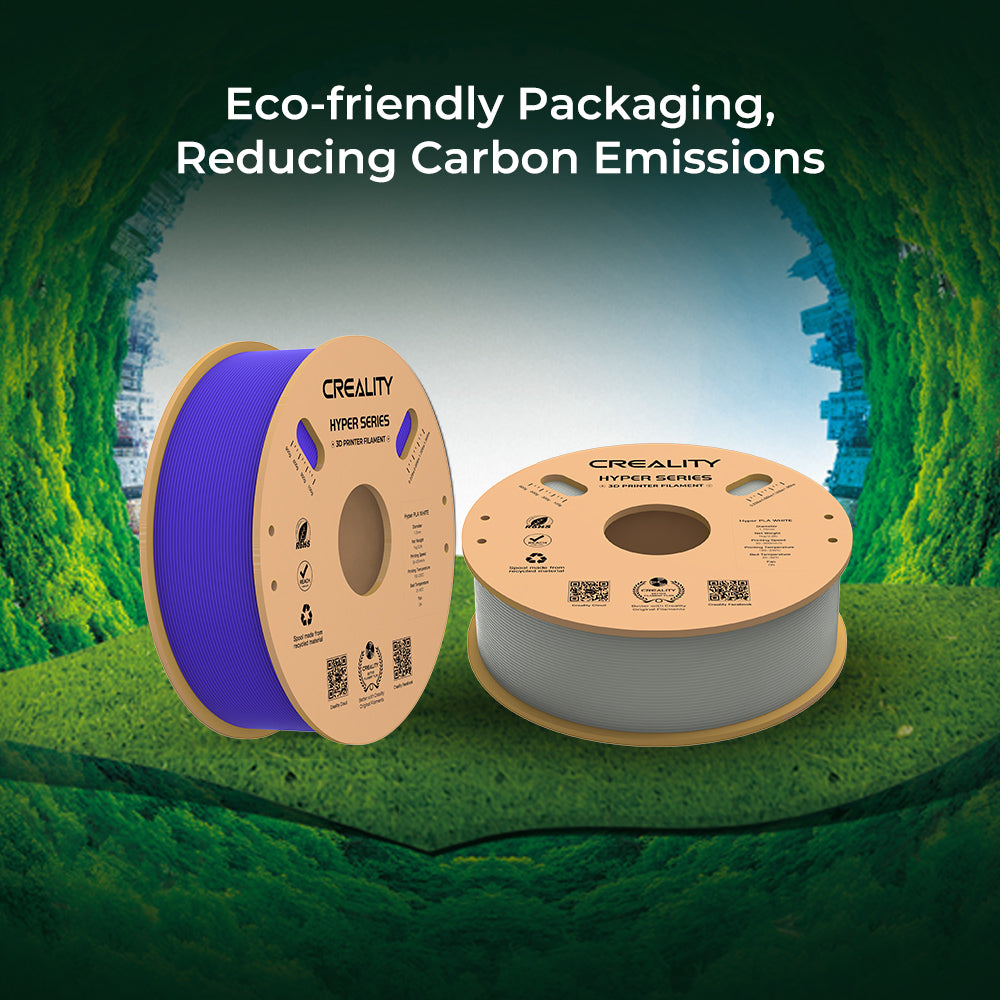 Creality Hyper Series PLA filament spools in eco-friendly cardboard packaging, promoting reduced carbon emissions and sustainable 3D printing – VectorDesignsArizona